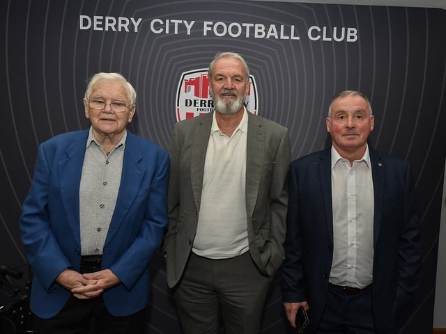 Paddy Canning, Barry McCreadie and Kevin ‘Kojak’ O’Neill at the Derry City FC celebration of 40 years in the League of Ireland held in the Everglades on Saturday evening. Photo: George Sweeney