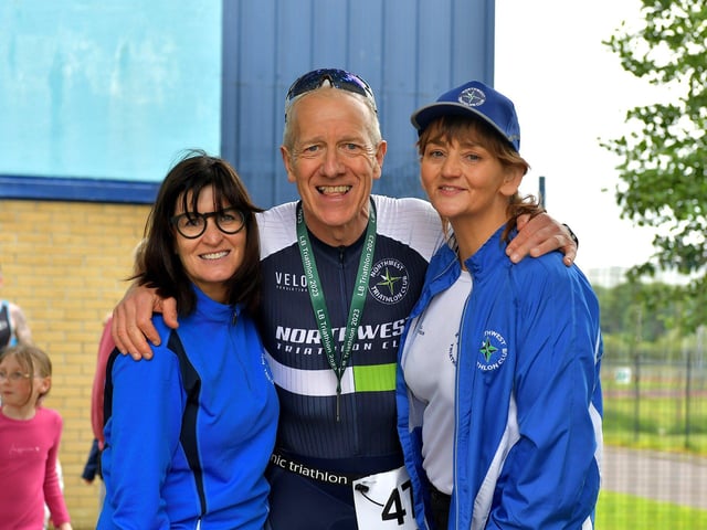 Dermot Connolly pictured with friends after completing the Liam Ball Triathlon on Sunday morning.
