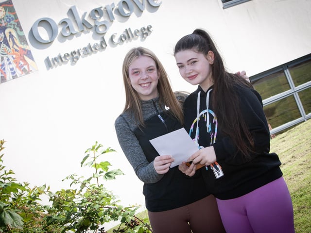 Oakgrove Integrated College students Kaci-Lee Devine and Kyra Tracey pictured after receiving their A Level results on Thursday. (Photos: JIm McCafferty Photography)