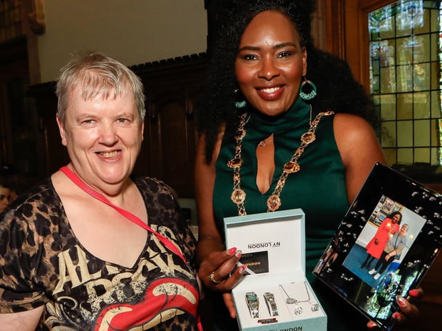 Rosemary Hutton presents gifts to Mayor Lilian Seenoi Barr at the Mayor's final Tea Dance held in the Guildhall. (Photo - Tom Heaney, nwpresspics)