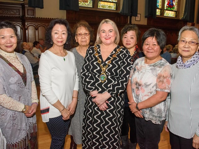 The Mayor Councillor Sandra Duffy once again welcomed people to the Guildhall as she hosted another popular Derry City and Strabane District Council Tea Dance. Included are, members of ACE. Picture Martin McKeown. 09.11.22:.:The Mayor's Tea Dance