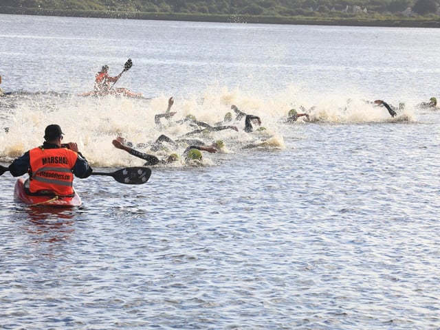Foyle Paddlers safety team on hand as the Europe Triathlon Cup Junior Men race starts on the River Foyle on Saturday morning. (Photo - Tom Heaney, nwpresspics)