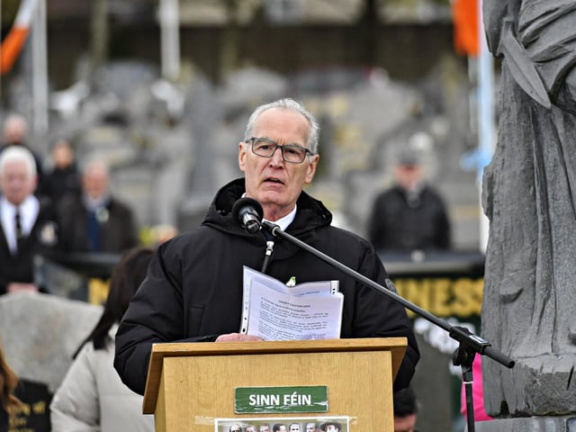 Gerry Kelly MLA delivers the oration at the Republican Plot, in the City Cemetery, during the commemoration of the 109th anniversary of the Easter Rising on Sunday afternoon. Photo: George Sweeney