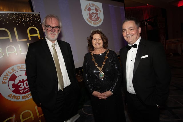The Mayor of Derry City and Strabane District Council, Patricia Logue pictured at Saturday night's Foyle Search and Rescue's 30th Anniversary Gala Ball at the Everglades Hotel with host Tim McGarry and Stephen Twells, chair, FSR. (Photos: Jim McCafferty Photography)
