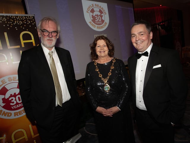 The Mayor of Derry City and Strabane District Council, Patricia Logue pictured at Saturday night's Foyle Search and Rescue's 30th Anniversary Gala Ball at the Everglades Hotel with host Tim McGarry and Stephen Twells, chair, FSR. (Photos: Jim McCafferty Photography)