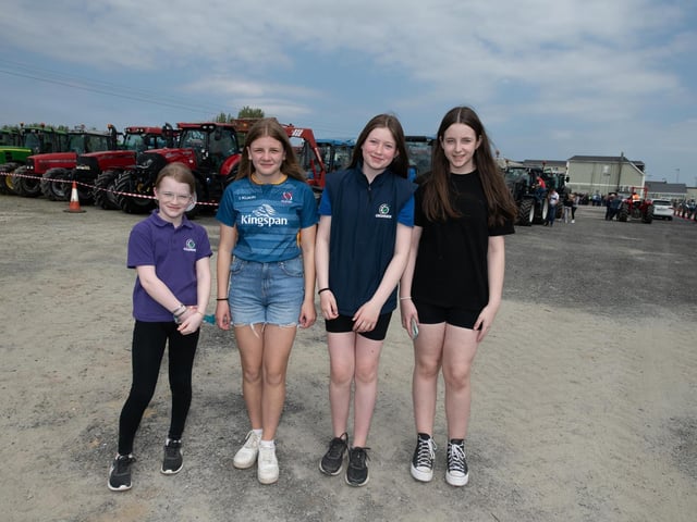 Molly McKinley, Katie Moore, Torey Wylie and Charolette Millar at the Allen Wylie Memorial Tractor Run from Letterkenny to Newtoncunningham on Saturday last held to raise funds for the Good & New Cancer Bus. Photo Clive Wasson