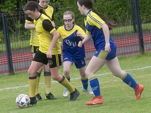 Action from the Girls u-13 Foyle Cup clash between Eglinton Eagles and Dunree at St. Cecilia's College, Derry on Tuesday morning. (Photos: Jim McCafferty Photography)