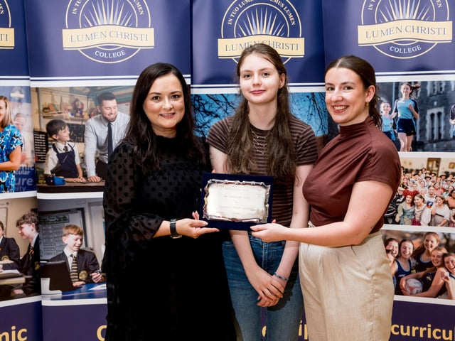 Ars Eloquentiae presented to Top A2 Modern Language Student, Sinead Coulter. Also pictured Mrs Erin Condren (Head of Irish) and Mrs Christine Coyle (Head of French). Lumen Christi College