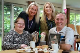 Pictured (L-R) is Donal Casey Court tenant Noeleen Stewart, Nicole McElhinney (Scheme Coordinator Donal Casey Court), Donal Casey Court tenant Joe Doherty, and Foyle Hospice representative Ailbhe McDaid.