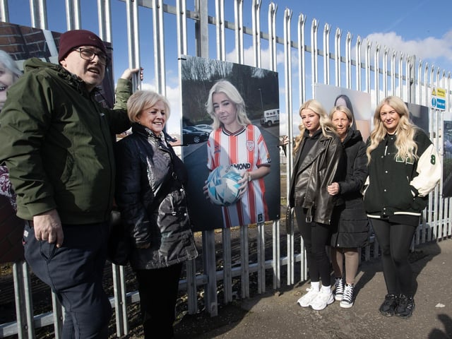 Derry City Ladies footballer Caoirse Doherty pictured at the exhibition with her family on Monday.