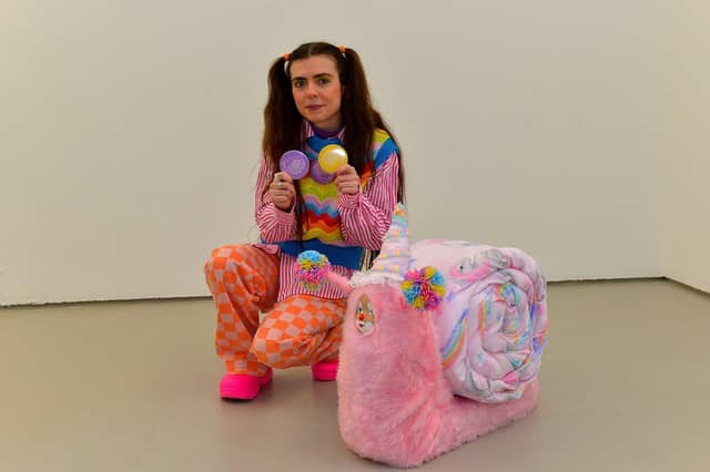 Artist Dream Bean, from Belcoo, pictured with her sculpture A Snail’s Manifesto at the Centre for Contemporary Art’s ‘Urgencies’ Exhibition which runs until 18th March next. Photo: George Sweeney. DER2304GS – 24