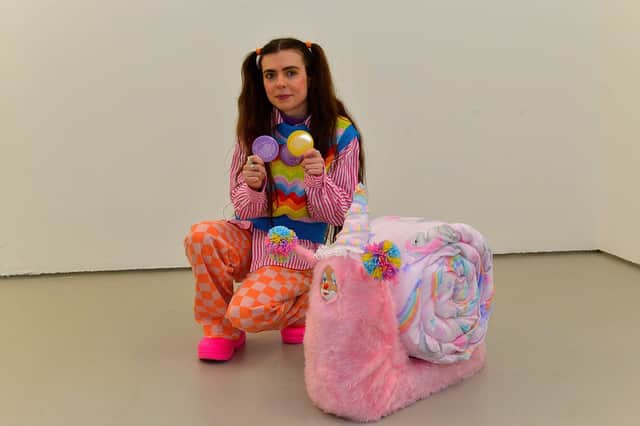 Artist Dream Bean, from Belcoo, pictured with her sculpture A Snail’s Manifesto at the Centre for Contemporary Art’s ‘Urgencies’ Exhibition  which runs until 18th March next. Photo: George Sweeney. DER2304GS – 24