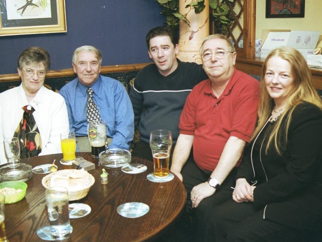 At the 60th birthday party for Angela Cox in the Argyle Arms were L/R:- Maureen Breslin, Patrick Breslin, Paul Cox, Jim Breslin and Majella Hazlett. 191202HG26