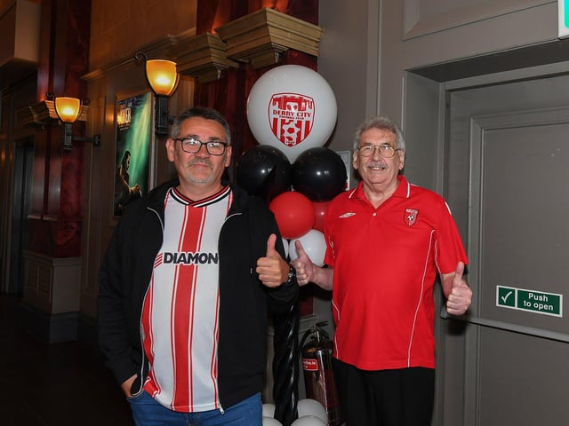 Derry City fans pictured at the Brunswick Moviebowl ahead of the live screening of the candystripes’ Europe Conference League away to FCB Magpies on Thursday evening. Photo: George Sweeney