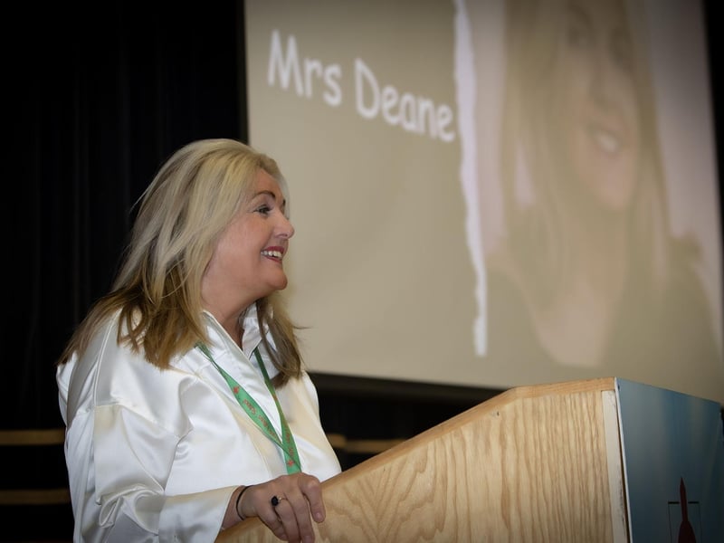 Mrs. Ciara Deane, Principal, St. Joseph's Boys School, addressing the new intake of Year 8 students at the school on Friday last. (Photos: Jim McCafferty Photography)