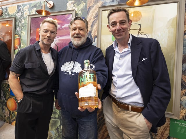 Russell Crowe, Ronan Keating and Ryan Tubridy amongst the celebrity investors attending the opening of new €1 million Brand Home for The Muff Liquor Company in the village of Muff in Co. Donegal. Photo by Joe Dunne