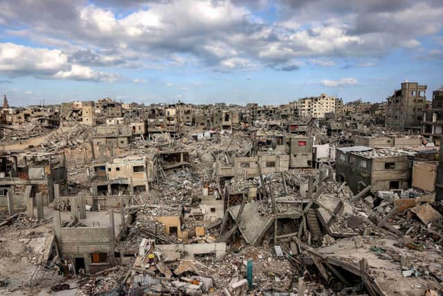 This overview shows destroyed buildings in Khan Yunis in the southern Gaza Strip on October 7, 2024. (Photo by Bashar TALEB / AFP) (Photo by BASHAR TALEB/AFP via Getty Images)