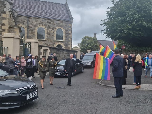 Mourners at the funeral of journalist and activist Nell McCafferty at the Long Tower Church on Friday afternoon.