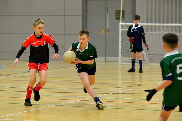 Holy Family take on Good Shepherd in the Derry City Boys' Indoor Football Championships played in the Foyle Arena. Photo: George Sweeney. DER2306GS  23