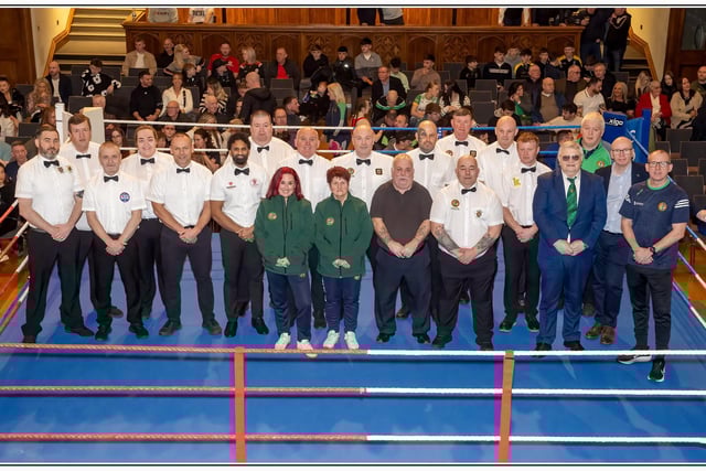 Officials at the Guildhall in Derry at the Ireland versus Wales international night of boxing at Guildhall.