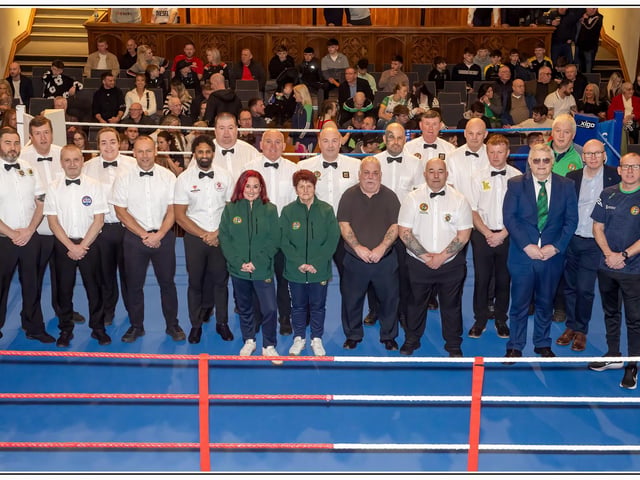 Officials at the Guildhall in Derry at the Ireland versus Wales international night of boxing at Guildhall.