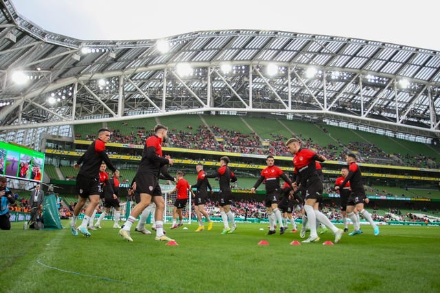 Derry City players go through their pre-match warm-up in the Aviva Stadium prior to Sunday's Cup final against Shelbourne. (Photo: Kevin Moore/MCI)
