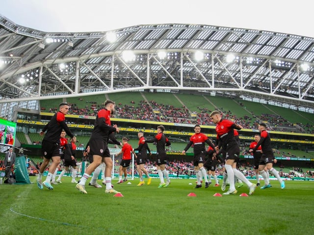 Derry City players go through their pre-match warm-up in the Aviva Stadium prior to Sunday's Cup final against Shelbourne. (Photo: Kevin Moore/MCI)