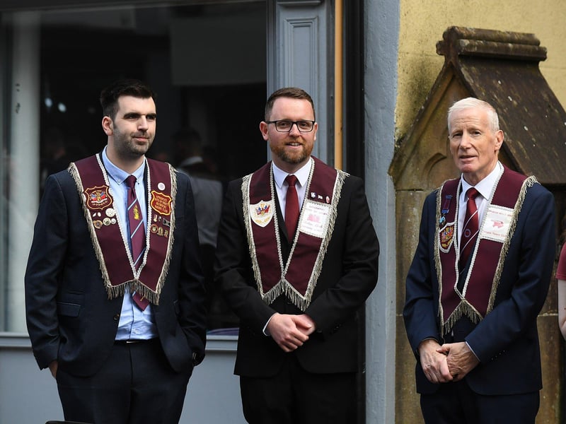 Gary Middleton MLA (centre) and Gregory Campbell MP at the Relief of Derry.  Photo: George Sweeney.