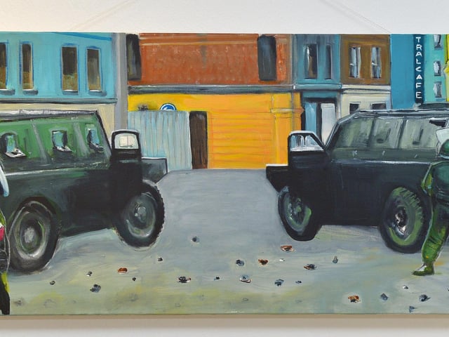 One of Square Bear’s paintings on display at the exhibition ‘Injustice’ in the Eden Arts Centre on Monday evening last. The exhibition commemorating the 51st anniversary of Bloody Sunday runs until 1st February next.  Photo: George Sweeney. DER2305GS – 77