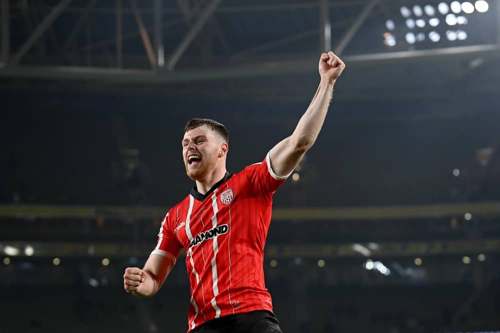 Derry City's Cameron McJannet celebrates after their Extra.ie FAI Cup Final win over Shelbourne, at the Aviva Stadium.