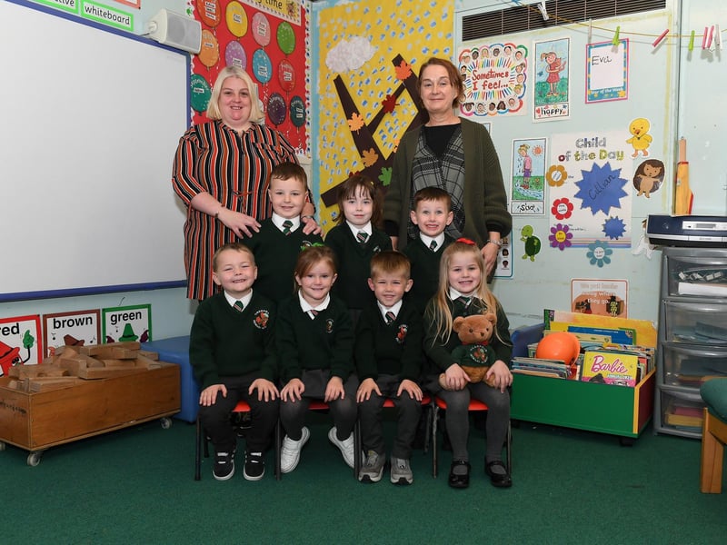 Mrs Wilson, right, pictured with her P1 composite class and classroom assistant Mrs Feeney at Greenhaw Primary School.