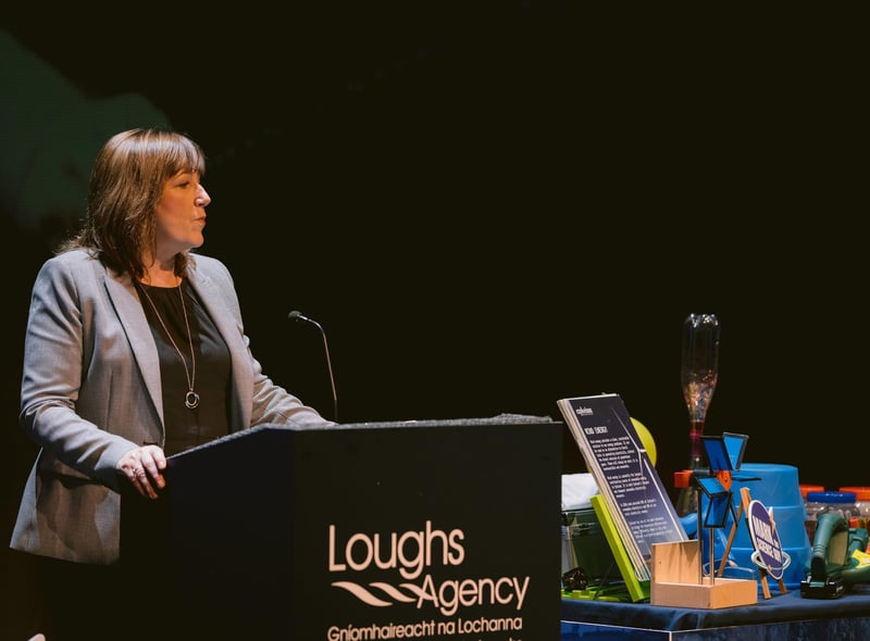 Sharon McMahon, Loughs Agency CEO, addressing the crowd at the Millennium Forum