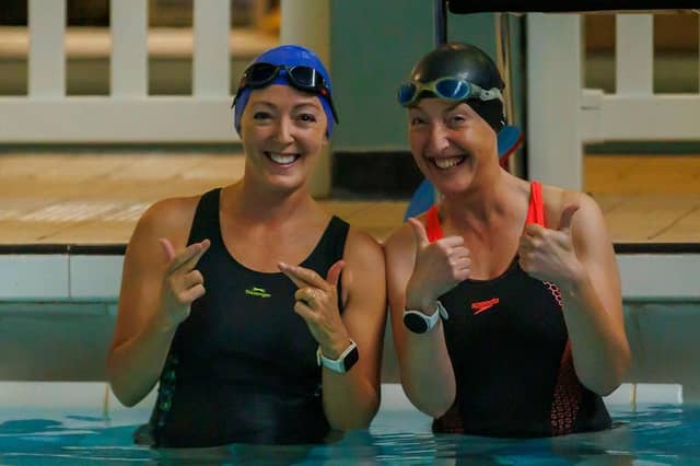 A couple of happy competitors in the pool during the Branydwell & Bogside organised Danny Quigley 'Try-a-Tri' triathlon at the weekend.