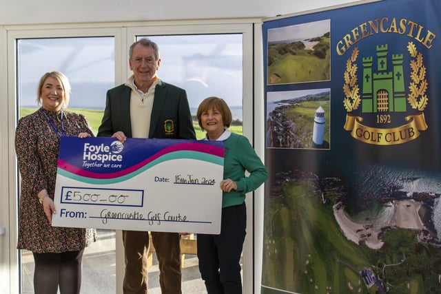 Tony Carlin, Past Captain and Kay Doherty, Council member of Greencastle Golf Club presenting a cheque to Ailbhe McDaid, Community Fundraiser, Foyle Hospice for £500, proceeds from a recent raffle.