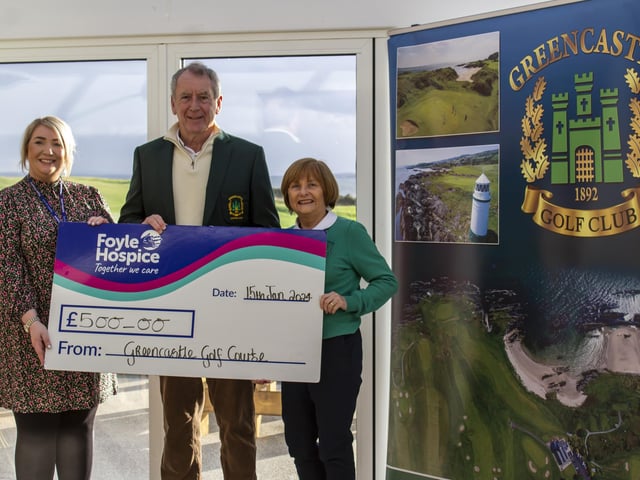 Tony Carlin, Past Captain and Kay Doherty, Council member of Greencastle Golf Club presenting a cheque to Ailbhe McDaid, Community Fundraiser, Foyle Hospice for £500, proceeds from a recent raffle.
