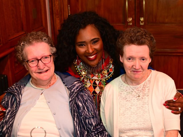 The Mayor Councillor Lilian Seenoi-Barr pictured with Margaret and Lorna McCarter as she hosted an Afrobeat Tea dance in the Guildhall which blended traditional waltzes with a selection of upbeat tunes bringing people to their feet on the dance floor of the main hall. Picture Martin McKeown. 09.10.24