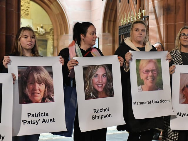 Photographs of women who lost their lives through violence during the past four years displayed at the Rally for Women's Safety held in the Guildhall Square on Friday evening. Photo: George Sweeney