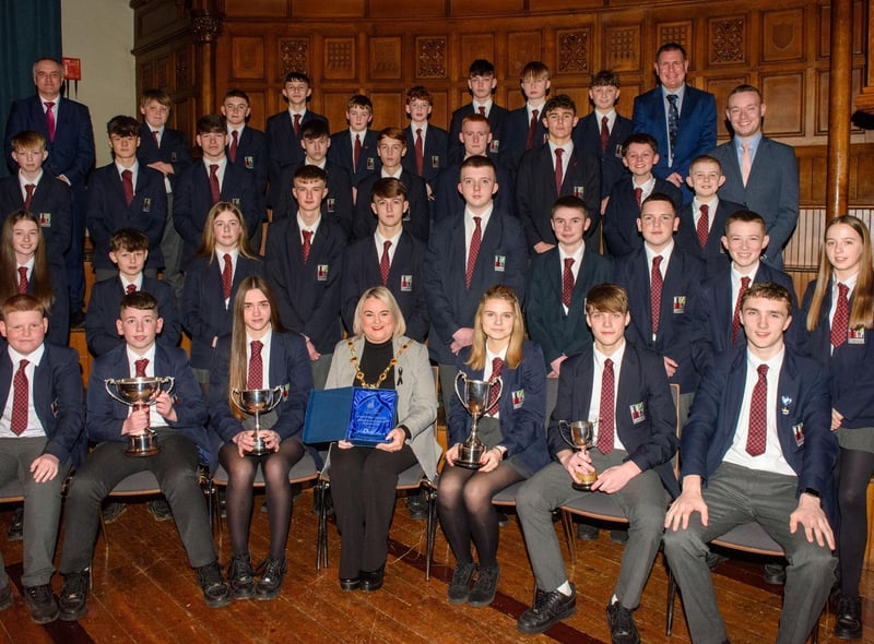 The Mayor Councillor Sandra Duffy welcomed pupils from Lisneal College to the Guildhall as she recognised the hugely successful cricket teams who claimed four trophies last season including the, U15 Ulster Schools Cup,Under 14 Derriaghy Cup, U13 Slemish Cup, U12 Wesley Ferris Cup. Picture Martin McKeown. 26.01.23:.