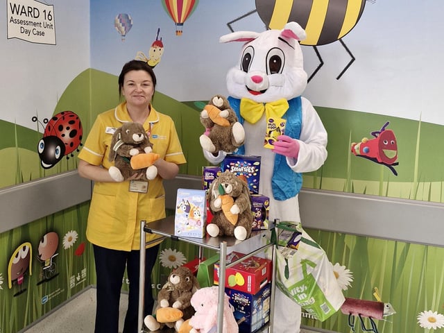 Cathy Grady, Play Nurse Specialist with the Easter Bunny.
