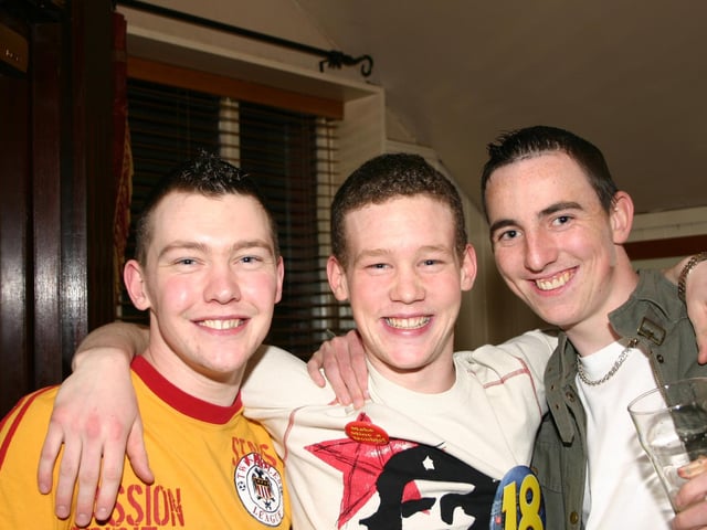 Left to right Brian McDaid Birthday Boy Paul and Gary Doherty, having a good time at the birthday party, 4800dd