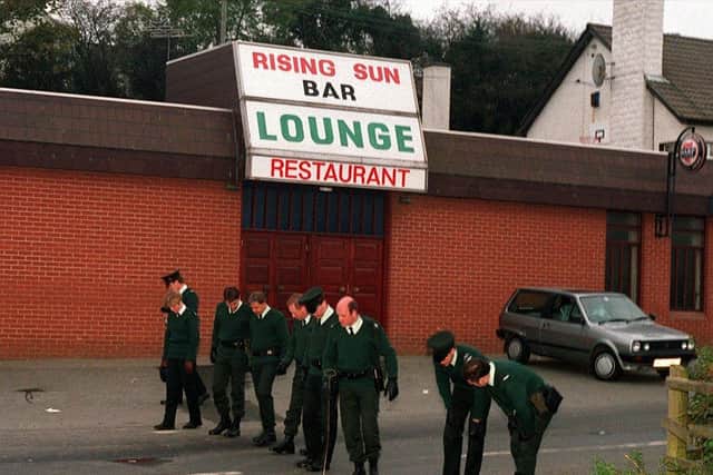 The scene at the Rising Sun bar, Greysteel on the morning after seven people were shot dead in 1993. An eighth victim later died of injuries related to the attack.