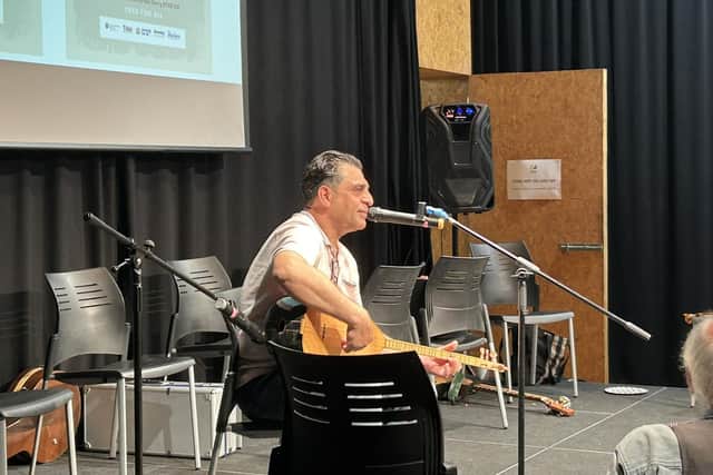 Swar Omar who drew huge applause for his performance on the Syrian saz at the ‘Friendship Gig’ organised by the North West Migrants Forum and staged in Cultúrlann in August.