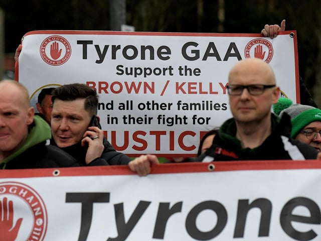 Relatives and supporters march from Free Derry Wall to Celtic Park, on Sunday afternoon, to protest against the British Government’s Legacy Bill’s lack of investigation into the deaths of Sean Brown and Patrick Kelly. Photo: George Sweeney