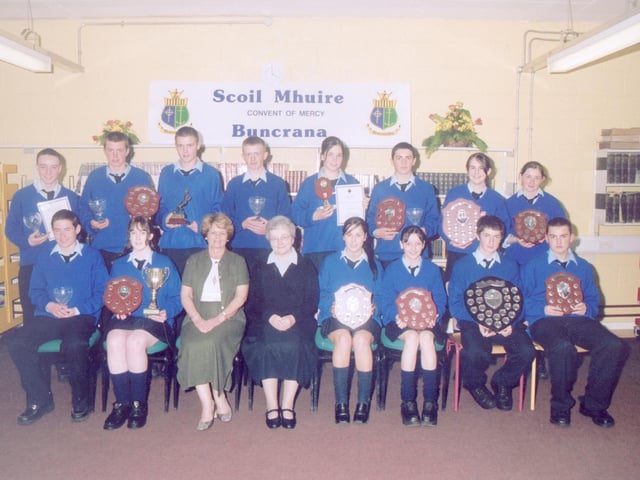 Recipients of sports plaques pictured with Mary Margaret Grant, Credit Union sponsors, and Sister Marie Wylie, Board of Management chairperson. (2005MG10)