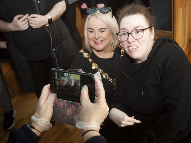 Stage Beyond member Bernadette Foley pictured with the Mayor Councillor Sandra Duffy who hosted a special reception in the Guildhall on Tuesday.
