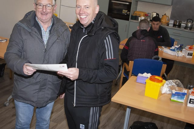 Long-time Creggan resident Spassy McGilloway pictured with George McGowan, Project Manager, Old Library Trust, during the Men’s Health Day on Saturday last the Creggan centre.