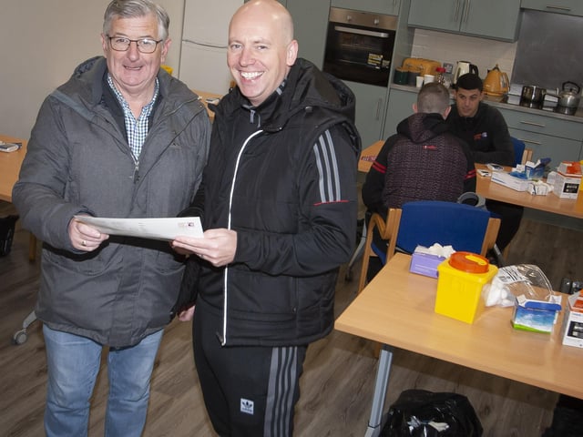 Long-time Creggan resident Spassy McGilloway pictured with George McGowan, Project Manager, Old Library Trust, during the Men’s Health Day on Saturday last the Creggan centre.