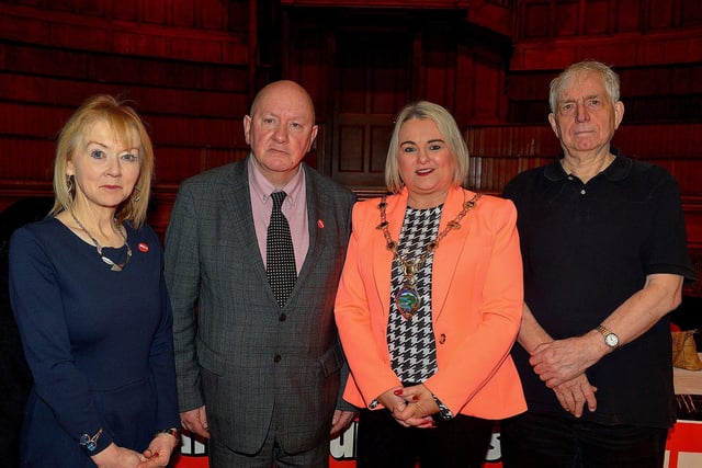Felicity McCall journalist, writer and broadcaster ,National Union of Journalists assistant general secretary Séamus Dooley, Mayor Sandra Duffy and National Union of Journalists president Pierre Vicary pictured at the public meeting, held in the Guildhall on Wednesday evening, opposing planned cuts to jobs and services at BBC Radio Foyle. George Sweeney. DER2301GS – 12