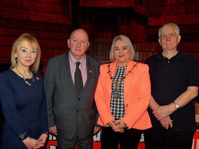 Felicity McCall journalist, writer and broadcaster ,National Union of Journalists assistant general secretary Séamus Dooley, Mayor Sandra Duffy and National Union of Journalists president Pierre Vicary pictured at the public meeting, held in the Guildhall on Wednesday evening, opposing planned cuts to jobs and services at BBC Radio Foyle. George Sweeney. DER2301GS – 12
