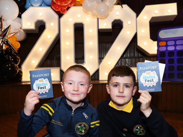 Gaelscoil Eadain Mhoir pupils Aidan and Aodhan enjoyed the Foyle Kumon NI Maths Fest in the Guildhall. : .